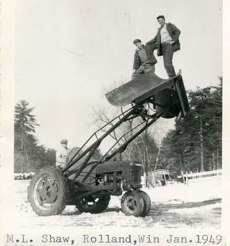 With ML (Sr.) at the wheel, Rolland and Winthrop take a rclasse to the top in this daring photograph from January 1949. Do not try this at home.